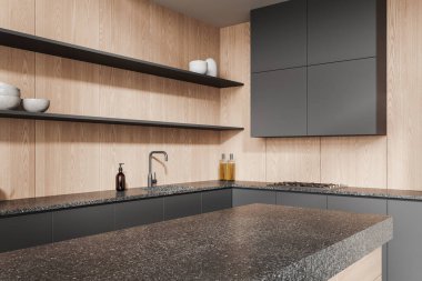 Ahşap duvarları olan şık bir mutfak, rahat gri dolaplar ve lavabo ve rahat gri ve ahşap adalarda yapılmış dolaplar. 3d oluşturma