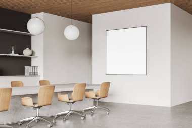 Ofis manzarası, konferans masası, tahta sandalyeler, parlak beton zemin. Raflı rahat iş yeri ve fotokopi odası posterleri. 3B görüntüleme