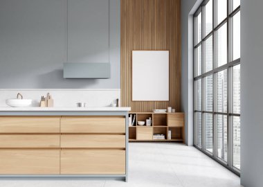 Açık gri ev mutfağı, bar adası, mutfak malzemeleri, gökdelenlerin panoramik penceresi. Dekorasyonlu yan tabela ve tuval posteri. 3B görüntüleme