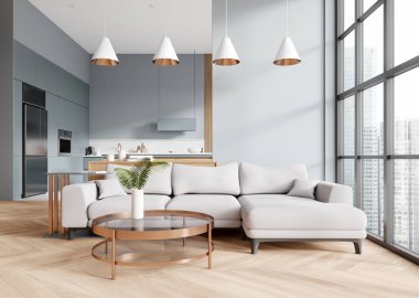 Kanepesi, sehpası, bar adası ve buzdolabı olan şık bir stüdyo. Gökdelenlerin panoramik penceresiyle yemek pişirme ve rahatlatma alanı. 3B görüntüleme