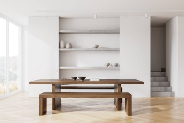 Ahşap yemek masası, tezgah ve ahşap zemini olan modern bir ev oturma odası. Beton raf ve merdivenleri olan şık bir yemek salonu. Kırsal kesimde panoramik pencere. 3B görüntüleme