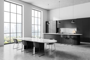 Beyaz duvarları, beton zemini, rahat dolapları ve dolapları olan modern mutfağın köşesi sandalyeli uzun bir yemek masası ve tabureli gri bir ada. 3d oluşturma