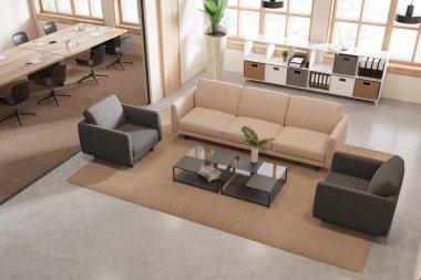 Beyaz duvarları, beton zemini, rahat bej koltuğu ve kahve masasının yanında duran iki gri koltuğu ve büyük aynası olan şık ofis bekleme odasının en üst görüntüsü. 3d oluşturma