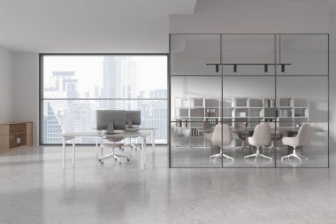 Beyaz duvarları, fayanslı zemini, bej sandalyeli bilgisayar masaları ve yanında uzun konferans masası olan toplantı odaları olan şık bir açık uzay ofisi. 3d oluşturma