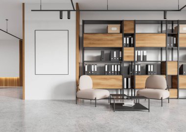 Beyaz ofis içi dinlenme ya da toplantı alanı, iki koltuk ve beton zeminde kahve masası. Belge ya da klasörlü raflar. Boşluk posterini kopyala. 3B görüntüleme