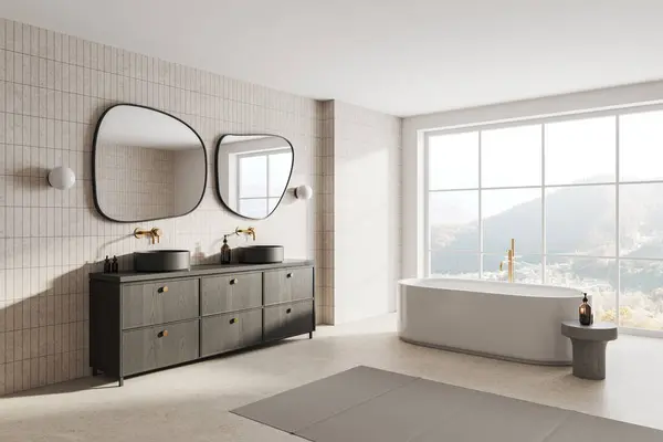Corner View Hotel Bathroom Interior Double Sink Vanity Accessories Light — Stock Photo, Image
