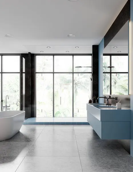 Interieur Van Stijlvolle Badkamer Met Grijze Lichtblauwe Muren Tegelvloer Dubbele — Stockfoto