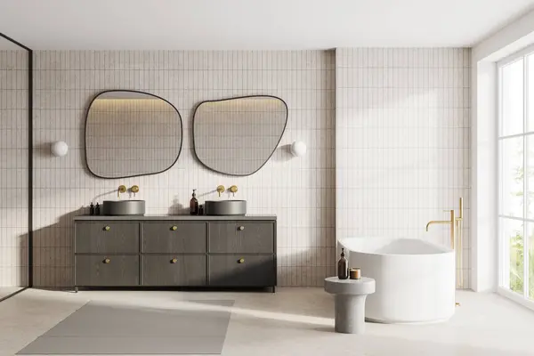 Elegante Banheiro Interior Hotel Com Pia Dupla Vaidade Madeira Com — Fotografia de Stock