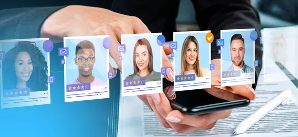 Hand Woman Recruiter Smartphone Choosing Right Candidate Row Portraits Blurry — Stock Photo, Image