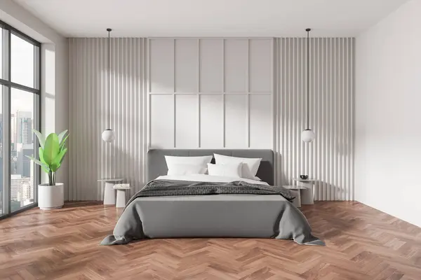 Contemporary Bedroom Interior Large Bed Modern Furnishings Hardwood Floor City — Stock Photo, Image