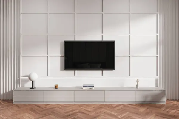 Modern Living Room Wall Mounted Minimalist Furniture Herringbone Wood Floor — Stock Photo, Image