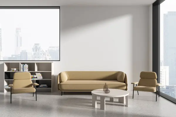 Interior Stylish Office Waiting Room White Walls Concrete Floor Comfortable — Stock Photo, Image