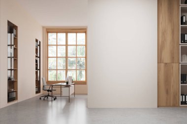Beyaz ve ahşap duvarları, beton zemini, beyaz bilgisayar masası sağdaki kitaplıklar ve fotokopi duvarı arasında duran şık CEO ofisinin içi. 3d oluşturma