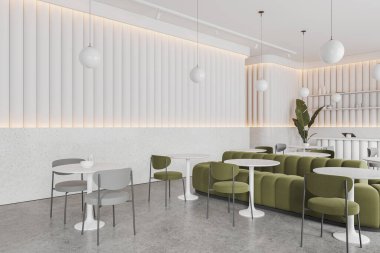 Bar tezgahı ve yemek alanı olan restoran manzarası, masa ve sandalyeli yemek alanı. Yumuşak bir yeri olan lüks bir kafeterya. 3B görüntüleme