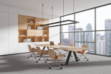 Ofis manzarası, pano ve koltuklar, dizüstü bilgisayar ve dekorasyonlu raf. Bangkok gökdelenlerinde panoramik pencereli iş konferansı odası. 3B görüntüleme