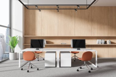 Ofis içi minimalist. Masasında bilgisayar, çekmece, yerde halı var. Ortak çalışma alanı ve rafı dekorasyonlu, panoramik pencereli Bangkok gökdelenleri. 3B görüntüleme