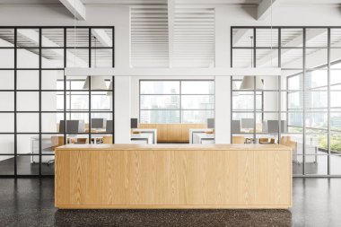 Resepsiyonlu şık bir iç mekan, masa başında bilgisayar olan bir çalışma alanı. Bangkok gökdelenlerinin panoramik penceresiyle birlikte çalışma alanı. 3B görüntüleme