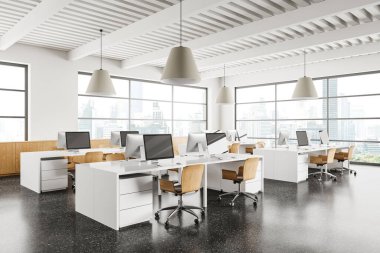 Ofis manzarası, masalarda bilgisayar, tahta sandalyeler, gri granit zemin. Bangkok gökdelenlerinde panoramik pencereli şık bir çalışma alanı. 3B görüntüleme