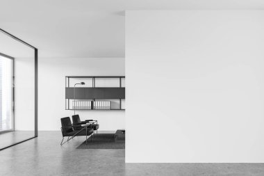 Ofis içi siyah deri koltuklar, kahve masası, gri beton zeminde halı. Cam istirahatı ya da raflı bekleme alanı, gökdelenlerde panoramik pencere. 3B görüntüleme