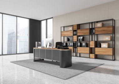 Masasında bilgisayar, halıda koltuk olan CEO 'nun iç mekan manzarası. Singapur gökdelenlerinde rafı ve panoramik penceresi olan modern danışmanlık çalışma alanı. 3B görüntüleme