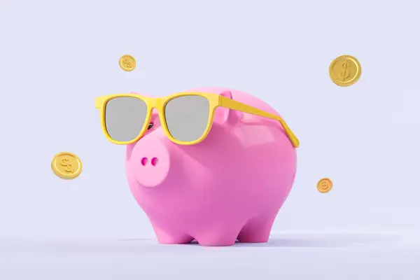 Cute Pink Piggy Bank Wearing Sunglasses Standing Gray Background Dollar — Stock Photo, Image
