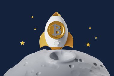Üzerinde bitcoin logosu olan bir roket, Ay yüzeyinden fırlatılıyor, yıldızlar ve karanlık uzay arkaplanı, kripto büyüme kavramı. 3B Hazırlama
