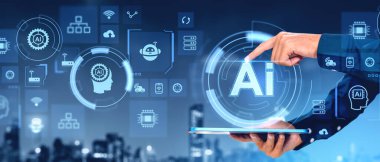 Mavi gömlekli adamın eli bulanık şehir silueti arkaplanının üzerinde yapay zeka arayüzüne dokunuyor ve kullanıyor. Sanal yardımcı robot bilgi işleme. Kopilot