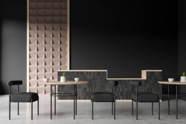 Siyah sandalyeli, ahşap masalı, gri beton zemin üzerinde yemek odası olan karanlık, zarif bir restoran. Bar adalı minimalist kafe modern tasarım. 3B görüntüleme
