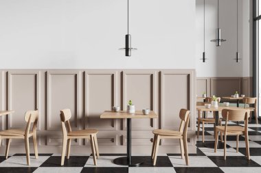 İçi ahşap sandalyelerle dolu beyaz ve bej restoranlarda ve tabaklarla dolu masalarda, kareli zeminde. Panoramik pencereli minimalist kafe yeme alanı. 3B görüntüleme