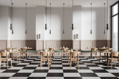 Beyaz ve bej duvarları, kare masaları ve kareli zemini olan şık, minimalist bir restoranın içi. Tahta sandalyeler ve duvarda bulunan yeşil koltuklar. 3d oluşturma