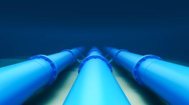 Deniz altı boru hatları, sanayi sualtı altyapısı kavramını tasvir eden koyu mavi okyanus arka planında, basit bir tarzda gaz veya petrol taşımacılığı için kullanılıyor. 3B Hazırlama