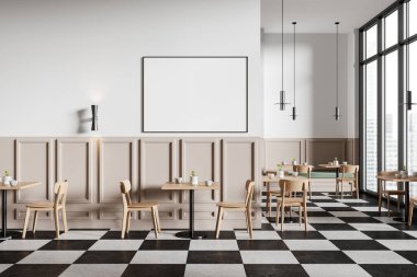 Klasik kafeteryanın içinde sandalyeler, masa ve kareli zemin var. Gökdelenlerde panoramik penceresi olan minimalist beslenme alanı. Duvar bölmesindeki tuval posterini taklit et. 3B görüntüleme