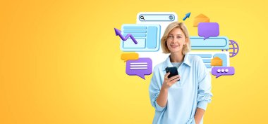 Mutlu gülümseyen kadın telefon kullanıyor, internet üzerinden arama yapıyor ve gittikçe büyüyen ok çizgileri olan konuşma baloncukları çıkarıyor. E-posta, web sitesi, arama motoru optimizasyonu ve pazarlama araştırması kavramı