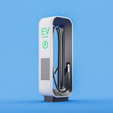 Elektrikli arabalar için kablolu televizyonu olan fütüristik EV şarj istasyonu, açık mavi arka plan. Temiz enerji doldurma teknolojisi kavramı. 3B resimleme