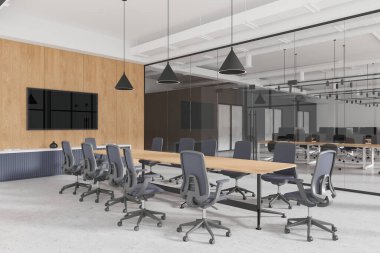 Duvarında televizyon asılı gri ve beyaz oda köşesi ve camla uzay ofisi alanı. Beton zemin. Masa başı işleriyle çalışıyorum. İş ve eğitim. 3d oluşturma