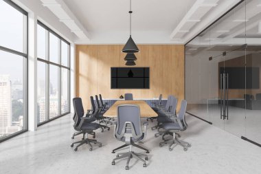 Duvarında televizyon asılı gri ve beyaz pano odası ve camla uzay ofisi alanı. Beton zemin. Masa başı işleriyle çalışıyorum. İş ve eğitim. 3d oluşturma