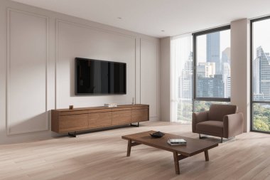 Minimalist oturma odası, rahat bej koltuğu, sehpası ve kitaplığı var. Şehrin penceresi ve televizyonu şifoniyerin üstünde asılı. Rahatla ve rahatla. 3d oluşturma