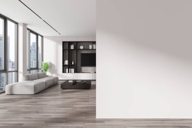 Beyaz ev oturma odası, televizyon ekranı, sanat dekorasyonlu raf. Kanepesi, sehpası ve gökdelenlerde panoramik penceresi olan bir salon. Model boş duvar bölmesi. 3B görüntüleme