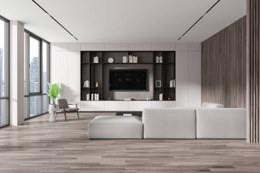Minimalist ev oturma odası televizyon ekranı, sanat dekorasyonlu raf. Kanepeli soğuk bir yer, bitkili bir koltuk, Bangkok gökdelenlerinde panoramik bir pencere. 3B görüntüleme