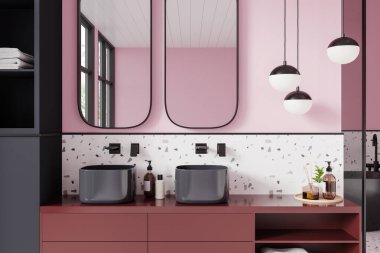 Modern banyo, ikiz havzalar, terrazzo duvarlar, pembe dolaplar, ışık. 3B Hazırlama
