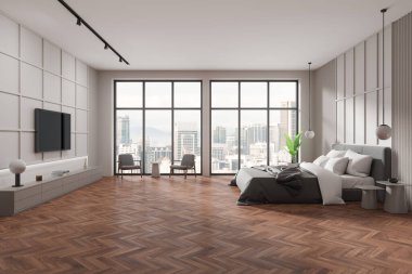 Şehir manzarası, açık renkler, ahşap zemin ve çağdaş mobilyalara bakan geniş pencereli modern bir oturma odası. 3B Hazırlama