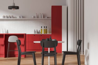 Kırmızı dolaplı modern mutfak, sandalyeli bir yemek masası ve ahşap zeminde dekoratif eşyalar. 3B Hazırlama
