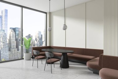 Geniş pencereli modern kafenin arka planı, zarif mobilyaları ve parlak ışığı olan şehir yemek alanı kavramını gözler önüne seriyor. 3B Hazırlama