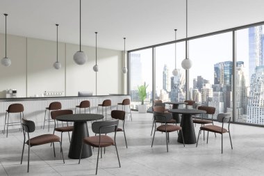 Şehir manzarasına bakan şık mobilyaları olan, açık renkli bir zeminde yer alan modern bir kafe. Şehir konseptini gözler önüne seriyor. 3B Hazırlama