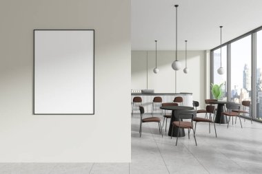 İyi ışıklandırılmış bir kafe, büyük pencereleri olan bir şehir arkaplanı, duvarında boş bir poster, reklam için ideal. 3B Hazırlama