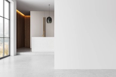 Beyaz ev mutfağı, bar adası, altın musluk, podyumdaki lüks dolap. Modern dairede panoramik pencereli yemek pişirme alanı. Model boş duvar bölmesi. 3B görüntüleme