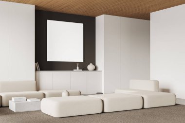 Modüler kanepe, sehpa ve dekorasyon ve klasörlü büfe ile ev oturma odası manzarası. Duvardaki uzay kare posterini taklit et. 3B görüntüleme