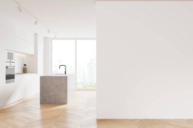 Şık bir ev mutfağı, bar adası, ahşap döşemeli mutfak eşyaları. Gökdelenlerde panoramik penceresi olan rahat bir yemek alanı. Boş duvar bölmesini düzenle. 3B görüntüleme