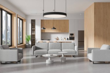 Kanepesi, sehpası ve beton zemini olan modern bir ev stüdyosu. Yemek masası ve dolapla yemek pişirme yeri. Bangkok gökdelenlerinin panoramik penceresi. 3B görüntüleme