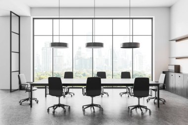 Minimalist ofis içi koltuklar ve konferans panosu klasörlü ve raflı çekmece. Bangkok gökdelenlerinde panoramik penceresi olan cam ceo müzakere odası. 3B görüntüleme